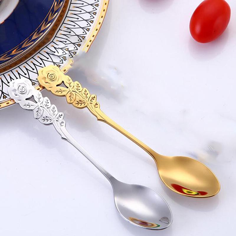 

New 304 Stainless Steel Rose Coffee Spoon Stirring Spoon Teaspoon Long Handle Dessert Kitchen Tableware