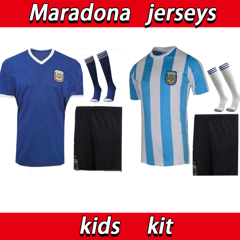 

Maradona 1986 Argentina kids kit Maradona#10 retro MAN Soccer jersey men kids kit Retro Version 86 Maradona CANIGGIA Vintage football shirt, Blue