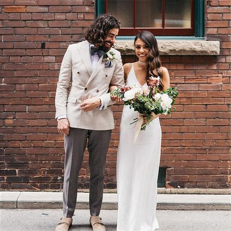 

Beige Linen Double Breasted Men Wedding Suits 2 Pieces(Jacket+Pants+Tie) Fashion Slim Fit Tuxedo Custom Groom Prom Blazer 144, As picture
