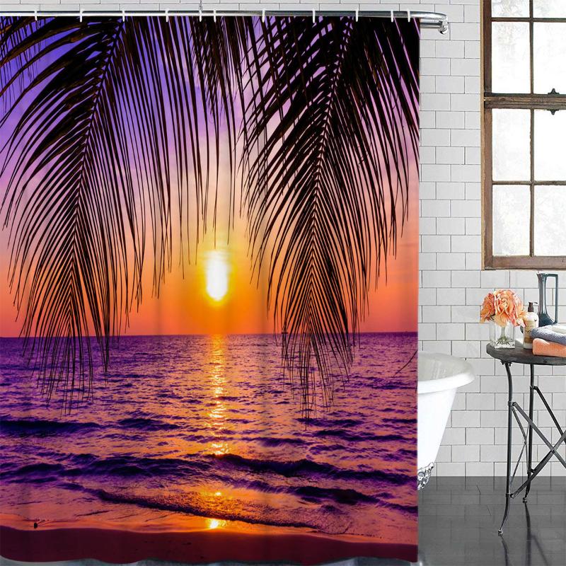 

Bathroom Curtain Beach Sun Plant Leaves Waterproof Fabric Shower Curtain Bathroom Decoration Shower &12 Hook