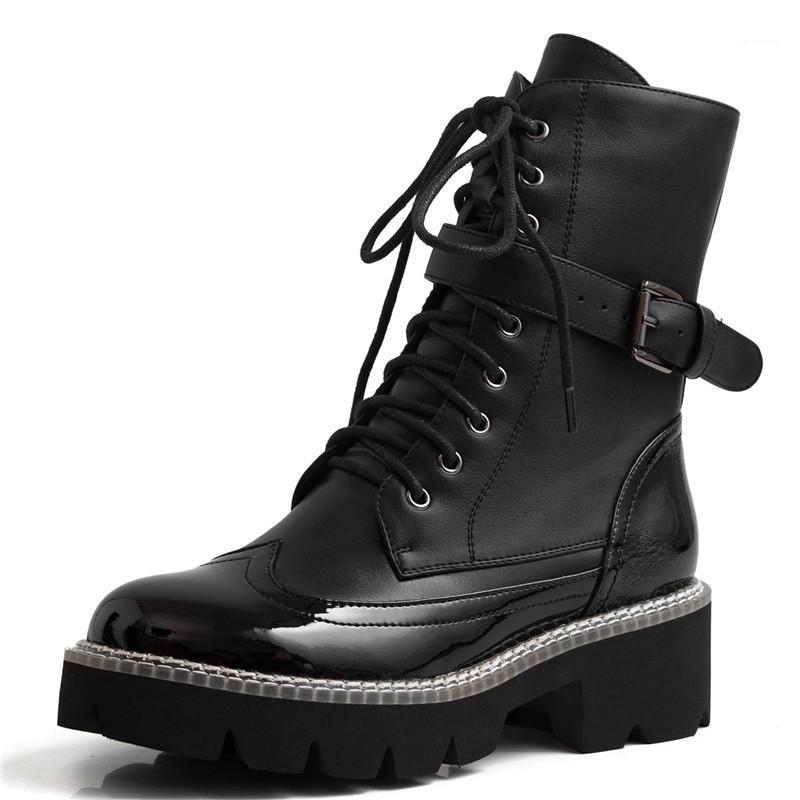 

New Fashion Matin Boots British Style Retro Thick Bottom Lace-Up Locomotive Women Boots Single Velvet Belt Buckle Ladies1, Black