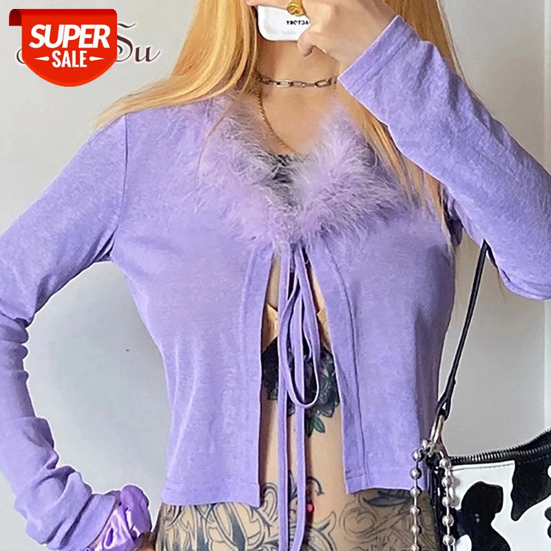 

ArtSu Purple V Neck Long Sleeve Cropped Tshirt Women Feathers Lace Up Bow Bandage Sexy T-shirt Femme Black Shirt ASTS21422 #qo2r, White