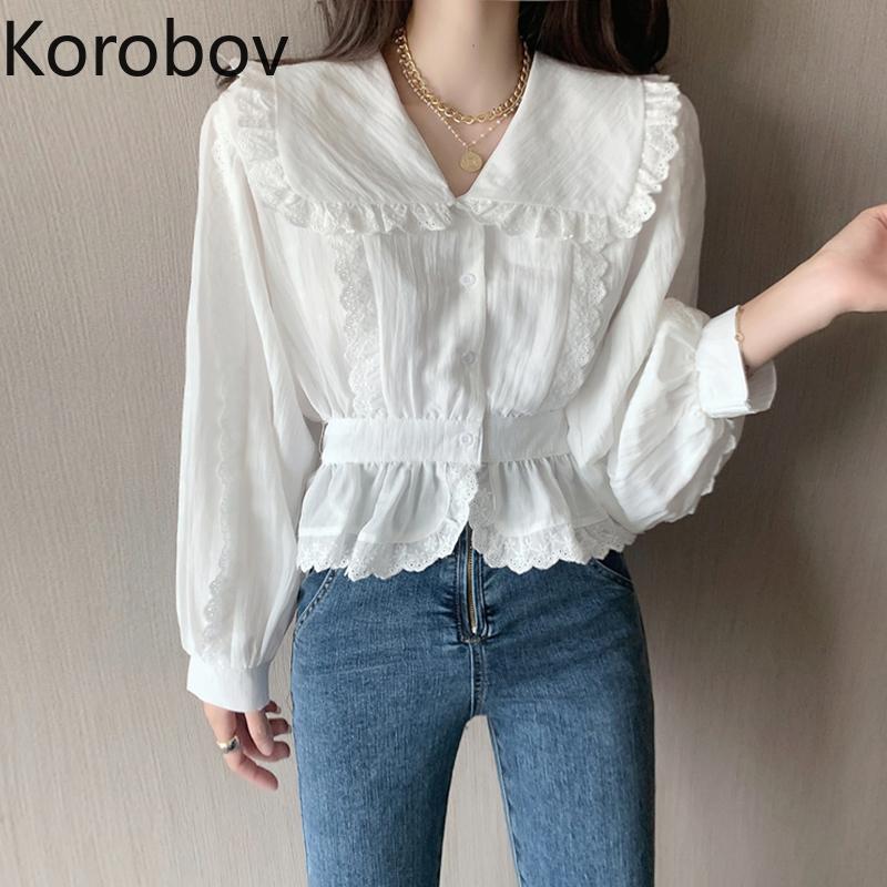 

Korobov Vintage Turn-Down Collar Long Sleeve Blouses Korean Single Breasted Female Shirts 2020 Chic Sweet Elegant Blusas Mujer