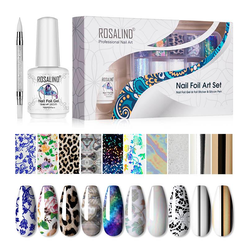 

ROSALIND Nail Foil Sticker Kit Gel Polish Transfer Gel Nail Art Decorations Kit All For Manicure DIY Fingertips Art Varnish