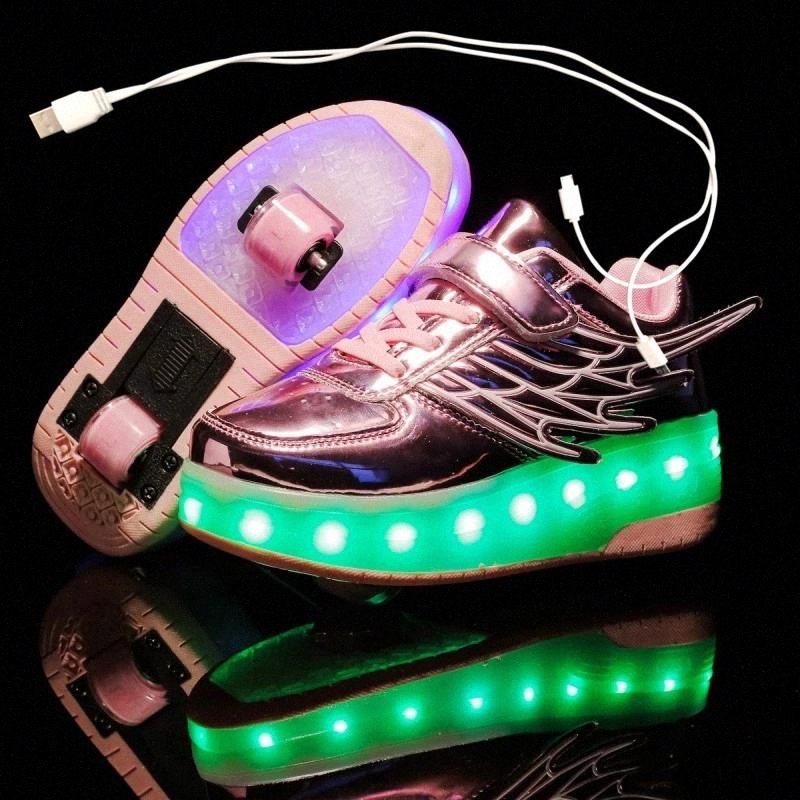

Children Two Wheels Luminous Glowing Sneakers Black Gold Led Light Roller Skate Shoes Kids Led Shoes Boys Girls USB Charging #J636