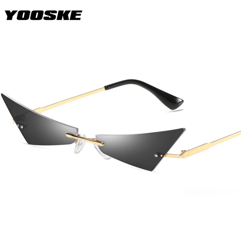 

YOOSKE Rimless Sunglasses Women Men Retro Small Narrow Cat Eye Sunglass Fashion Brand Design Polygon Eyewear UV400 Mrrior Shade