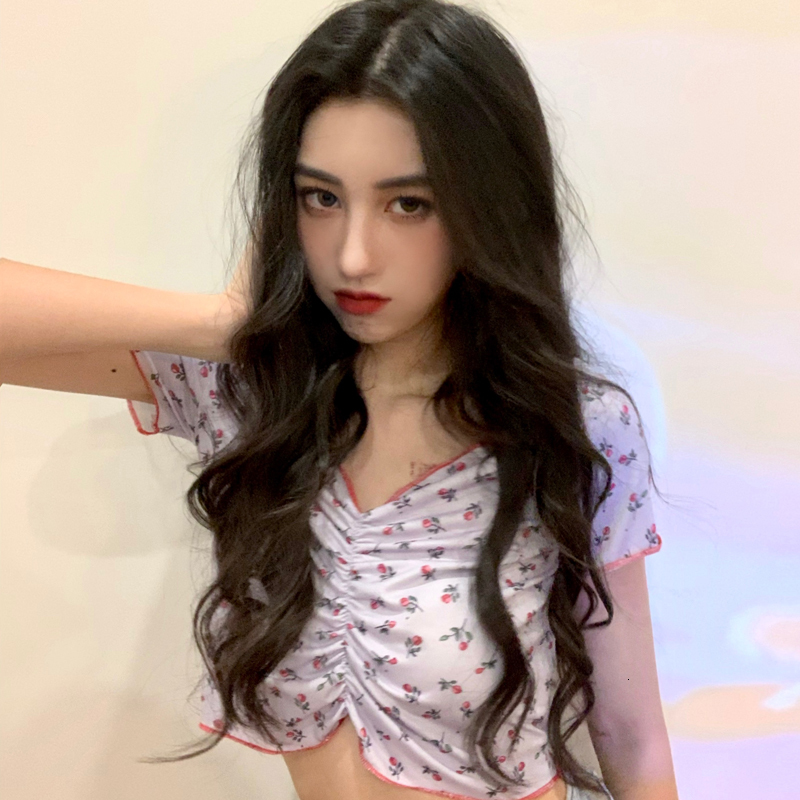 

2021 New 2 colors summer Korean style sleeve short design v neck women's t-shirt tops (c2525) 7BYZ, Lavender