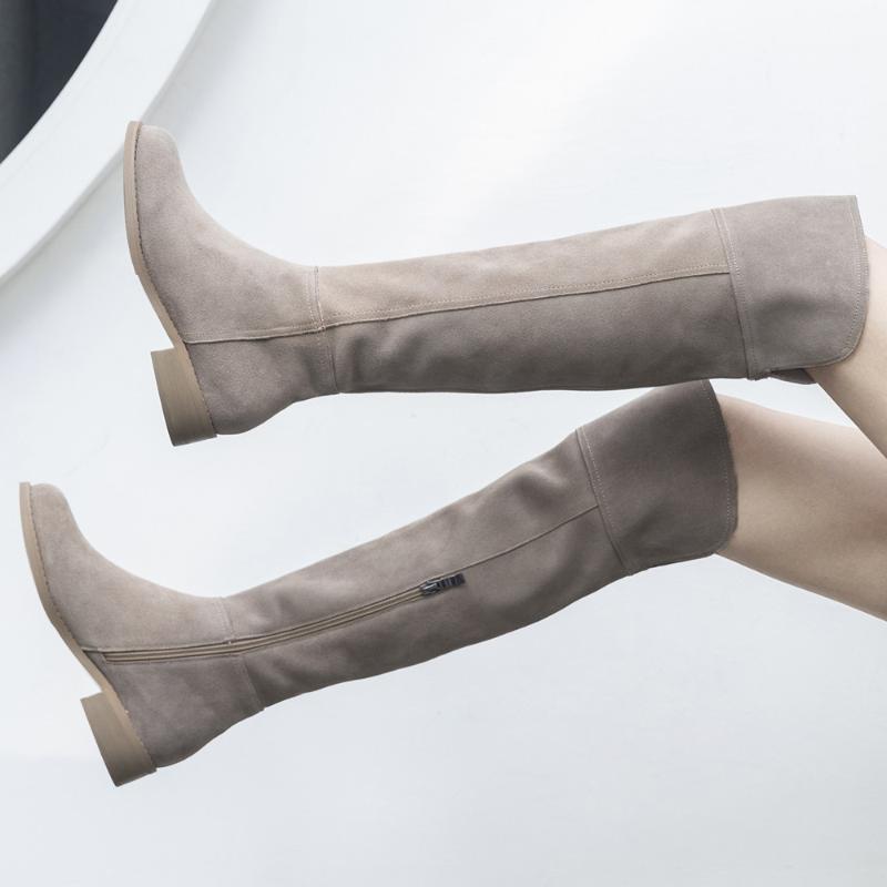 

High street fashion solid zip genuine leather thigh high boots round toe low heels rome elegant female over-the-knee boots shoes1, Khaki