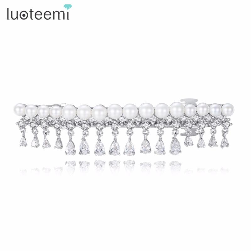 

LUOTEEMI 2021 New Fashion Brand Clear Imitation Pearl Hairwear With CZ Crystal Brincos Bijoux For Women Party Prom Jewelry