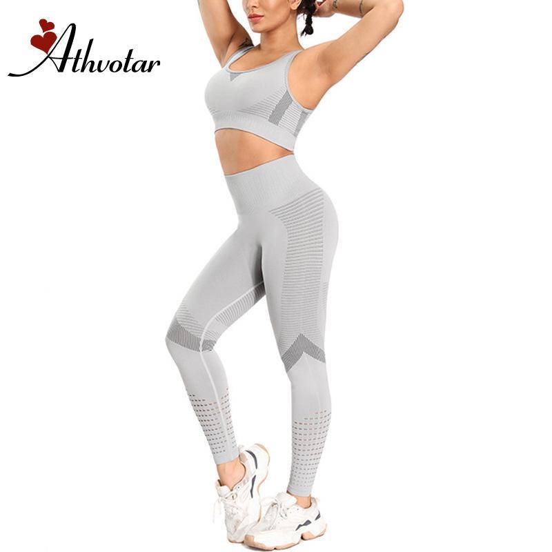 

ATHVOTAR Women Seamless Gym Set Gym Leggings +Sport Bras Workout Running Clothing Wear Sportswear Yoga Set, Black