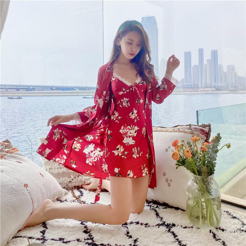 

Bathrobe Women Summer Sexy Lace Suspenders Nightdress Two-Piece Korean Floral Nightgown Long-Sleeved Sleepwear Home Service, A 2pcs black