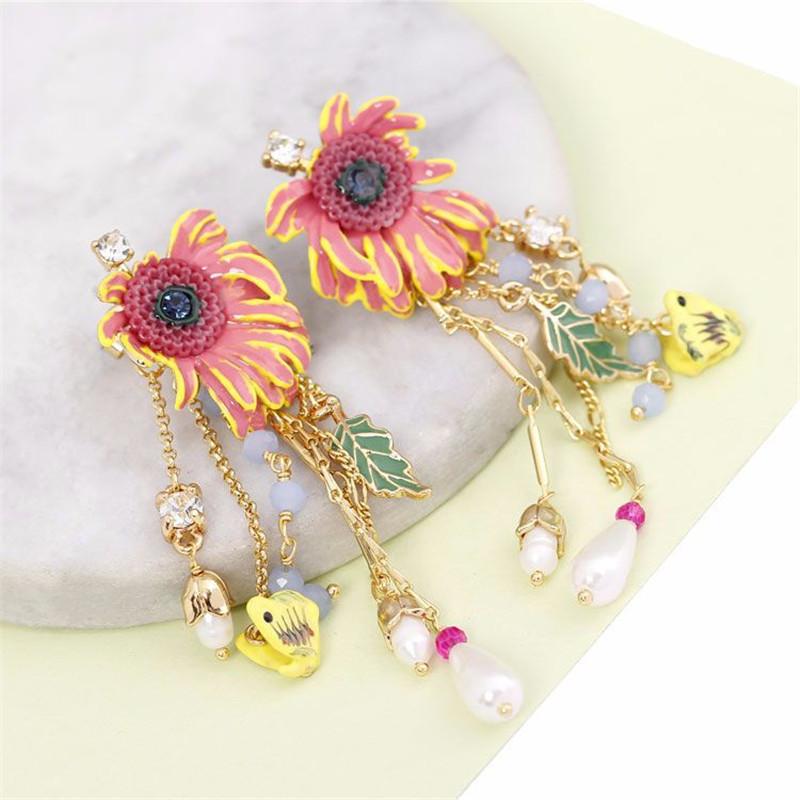 

European and American Temperament Enamel Glaze Daisy Flower Dangler Women Luxury Jewelry Long Statement Flowers Tassel Earrings