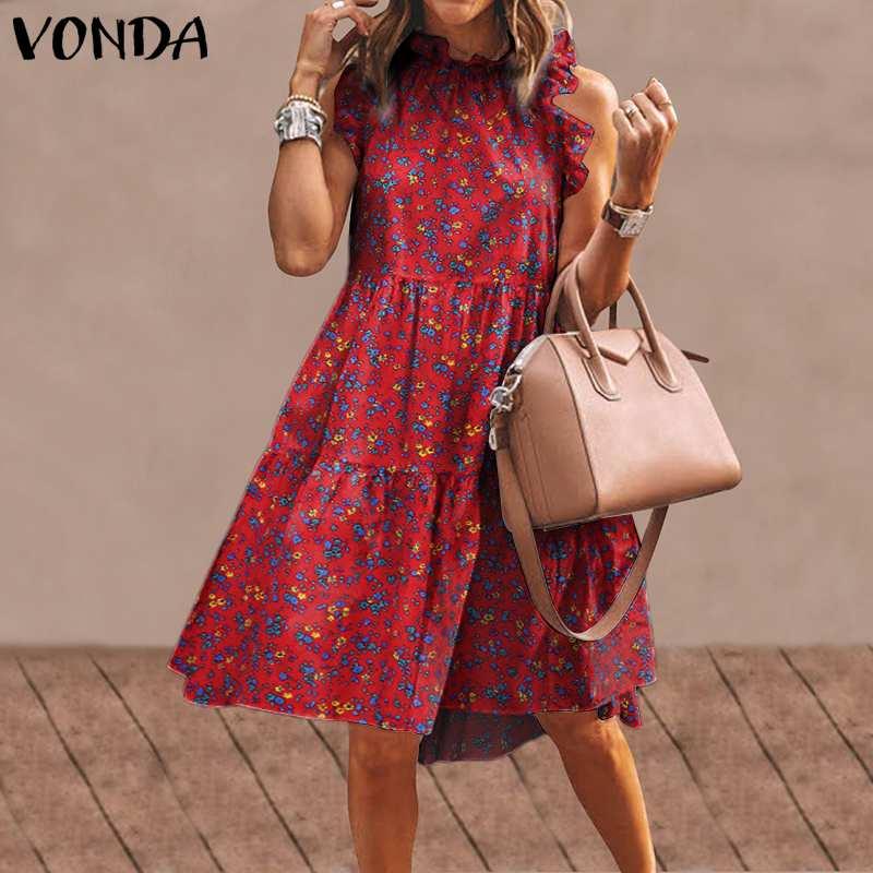 

VONDA Women Mini Dress 2020 Summer Ruffled Neck Sexy Sleeveless Tank Dresses Vintage Printed Party Robe Bohemian Vestidos -5XL, Red