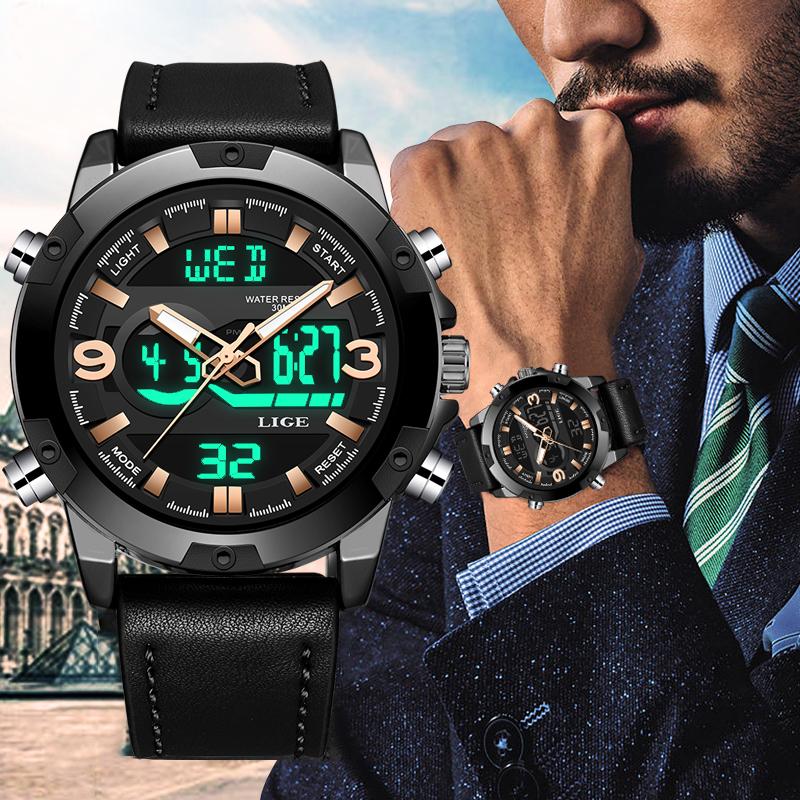 

New LIGE Men Watches Top Sport Waterproof Digital Watch Men Fashion Date LED Dual Display Watch Relogio Masculino, Full rose