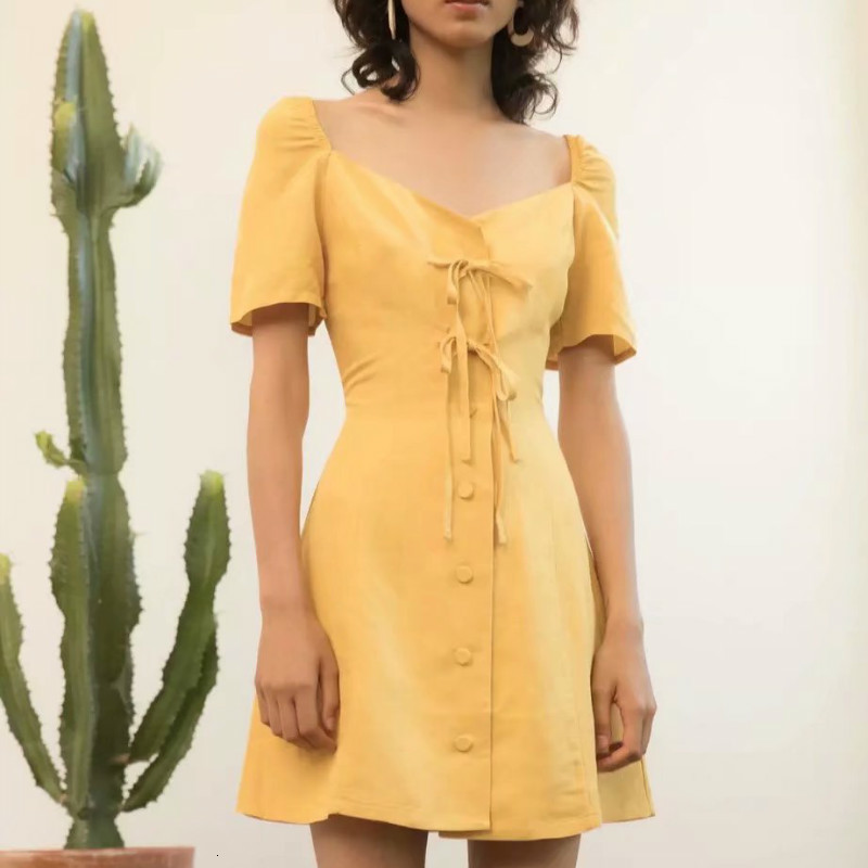 

New Elegant Women Bow Mini Solid Yellow Buttons Dressed in Single-breasted Skin Design Dresses Summer Goal Square Clothes 50li