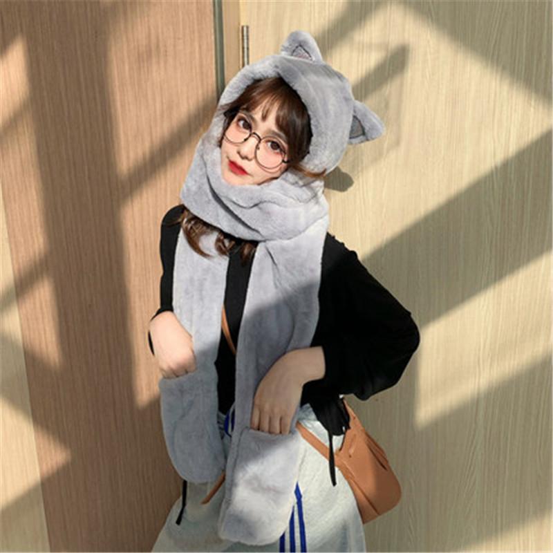 

2021 New Winter Girls Warm Hat With Double Scarf and Gloves Cute Leisure Hat, White