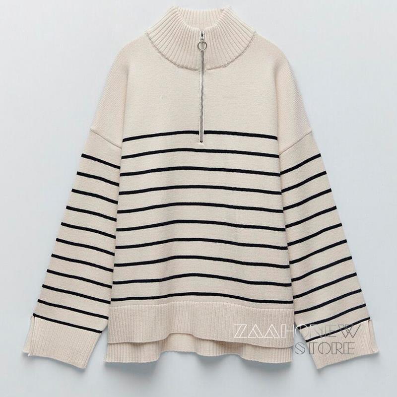 

ZAAHONEW 2021 Autumn Winter Women Turtlene Knit Striped Sweater Casual Zipper Female Pullovers Tops Ladies, The picture color 1