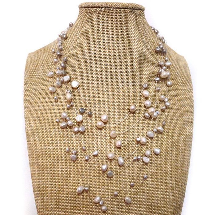 

18-24 inches White&Gray Illusion 4-8mm Nugget Freshwater Pearl Multi-layered Necklace