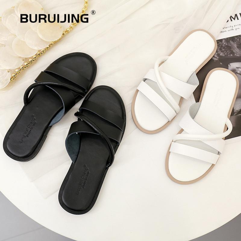 

2020 Women Summer Beach Shoes House Shoes PU Metal Button Girl Slippers Light Concise Ladies Slippers1, White