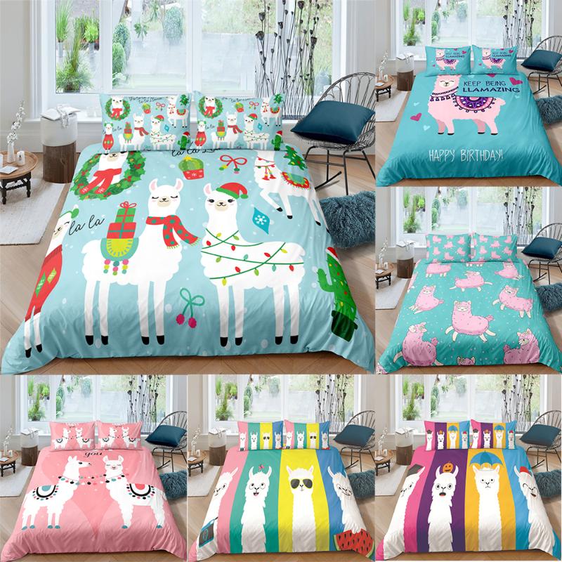 

ZEIMON Cartoon Alpaca Bedding Set Kids Girls Christmas Duvet Cover Set Love Heart Quilt Cover Home Textiles King Dropship, 073-2