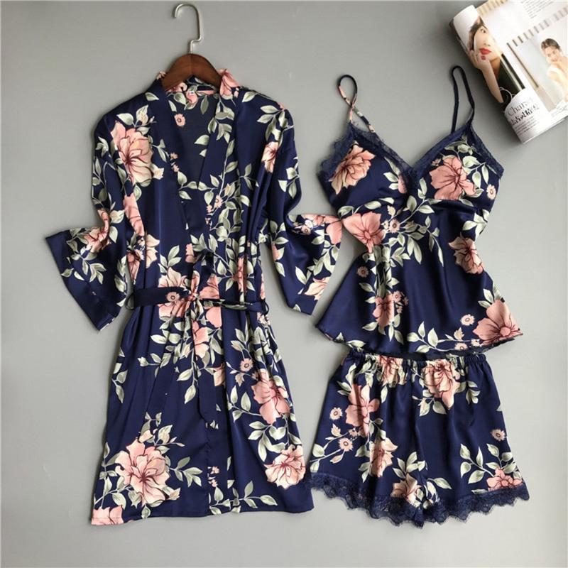 

Sexy Wireless Pajamas Sets Lace Nightdress Silk Underwear Women Flower Print Sleepwear 3 Pieces Spaghetti Strap Satin Pyjamas60, Black
