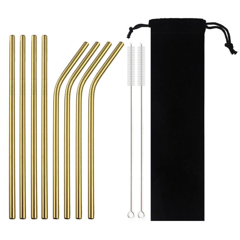 

18/10 Stainless Steel Reusable Straws Gold Drinking Straw Set Mteal Straw Coffee Party Bar With Cleaner Brush Portable Bag