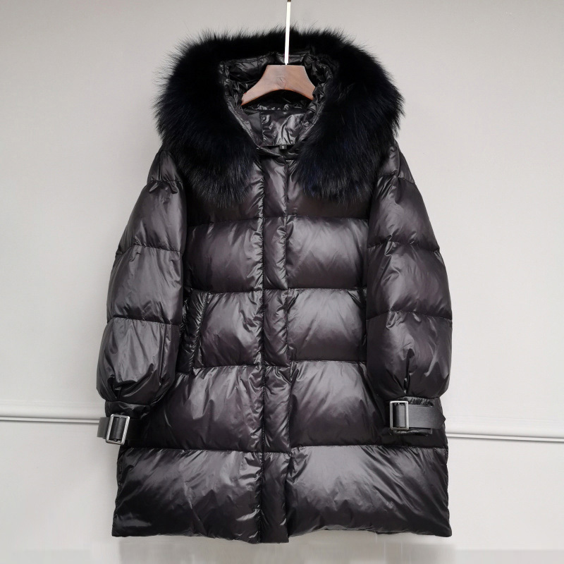 

Duck 90% White Down Women Female Winter Clothes Long Shiny Natural Raccoon Skin Jackets Hooded Coat Yhn8, Black
