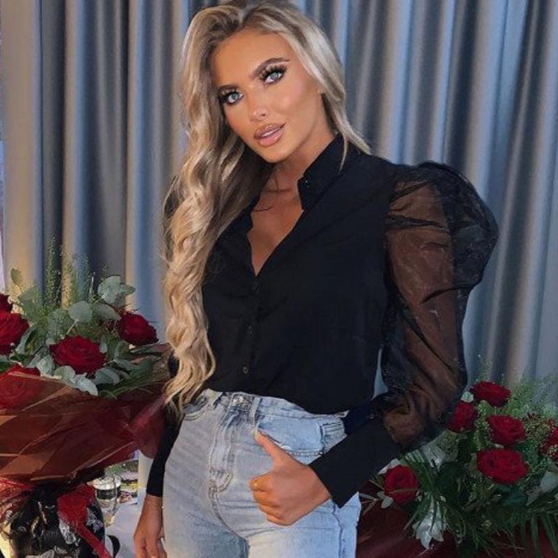 

Meihuida Women Fashion Puff Long Sleeve Blouse Perspective Bubble Sleeve V Neck Button Elegant Blouses Tops Ladies Shirts, Black