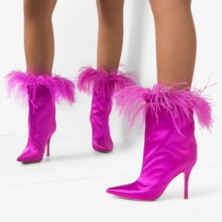 

Black Fuchsia Mode Satin Feather Surrounded in Woman Pointed Finger of the Thin Foot High Heels Calf's Mid-calf Boots Sliding Er00, Beige