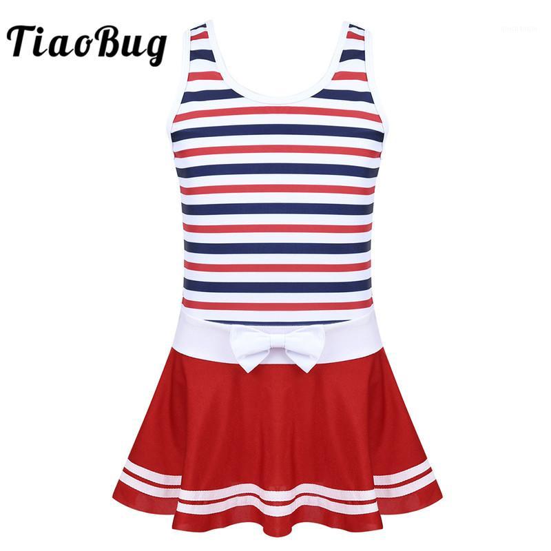 

TiaoBug Kids Teens One-piece Swimsuit Children Girls Wide Straps Striped Bow Splice Swimwear Swim Dress Beachwear Bathing Suit1