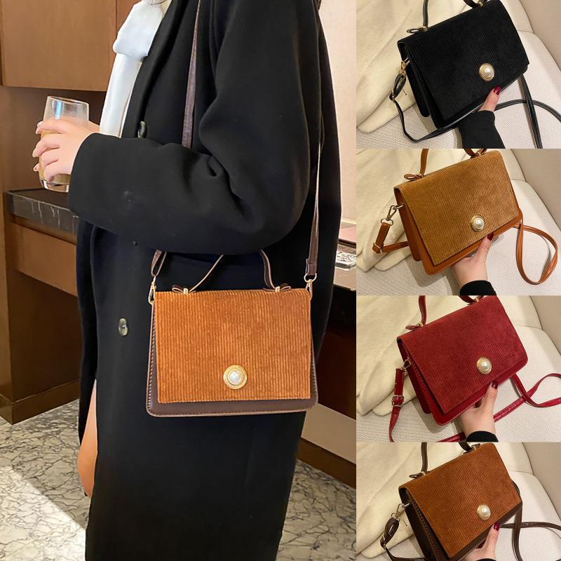

Women Corduroy Zipper Shoulder Bag Fashion Shoulder Bag Handbag All-match Vintage Messenger Crossbody, Black