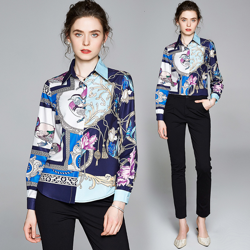 

2021 New Fashion Animal Vintage Print Women Blouses Long Sleeve Blouse Shirt Turn Down Collar Ladies Tunic Tops Blusas L3jj, Blue