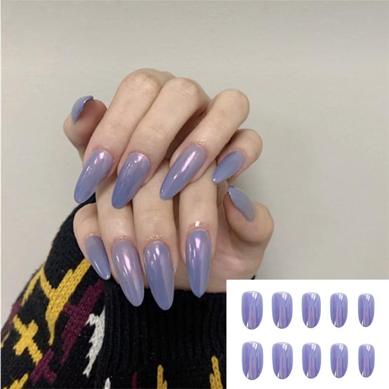 

24 PCS Hot Sale Blue Reflective Mirror False Nails Wearable Round Head Wearable Fake Nails Full Cover Nail Tips Manicure Tool, 02