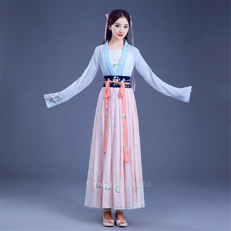 

Traditional Chinese New Year Hanfu Women Fairy Dress Folk Dance Embroidery Party Stage Performance Princess Ancient Costumes, Blue