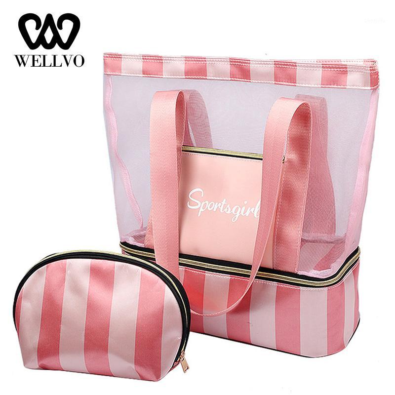 

2020 Clear Transparent Travel Bag Mesh Swimming Bag Women Striped Handbags Pool Beach Pouch Dry Wet Shoulder Bags Trip XA764WB1, Pink only handbag
