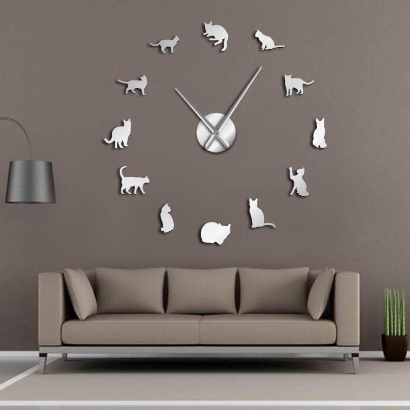 

Silhouette Cats Wall Art Kittens DIY Giant Wall Clock Playful Cats Big Needle Kitty Girl Room Large Watch Feline Fan Gift