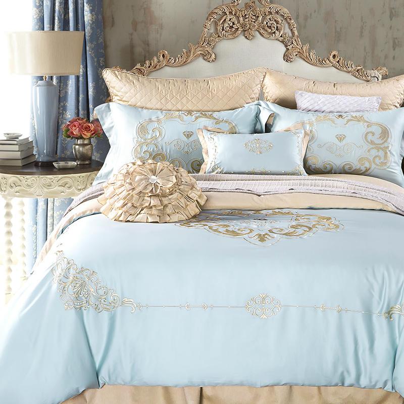 

Silky Soft Chic Embroidered Tencel Bedding Set King Queen Size 4pcs Solid Color Bed Set Duvet/Quilt Cover Bed Sheet Pillowcases