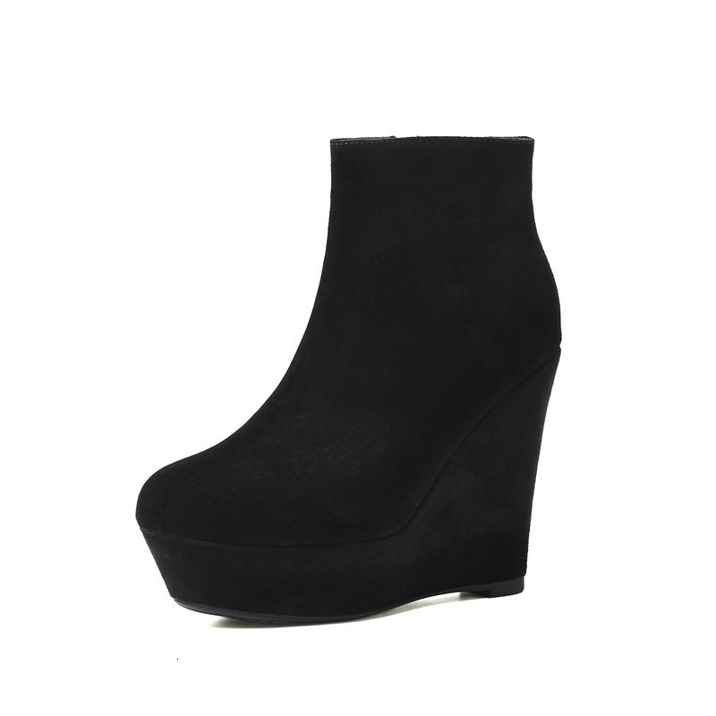 

New 2021 Autumn Winter Genuine Leather Boots Woman Wedges High Heels Shoes Concise Party Working Ankle Dmor, 12cm sude
