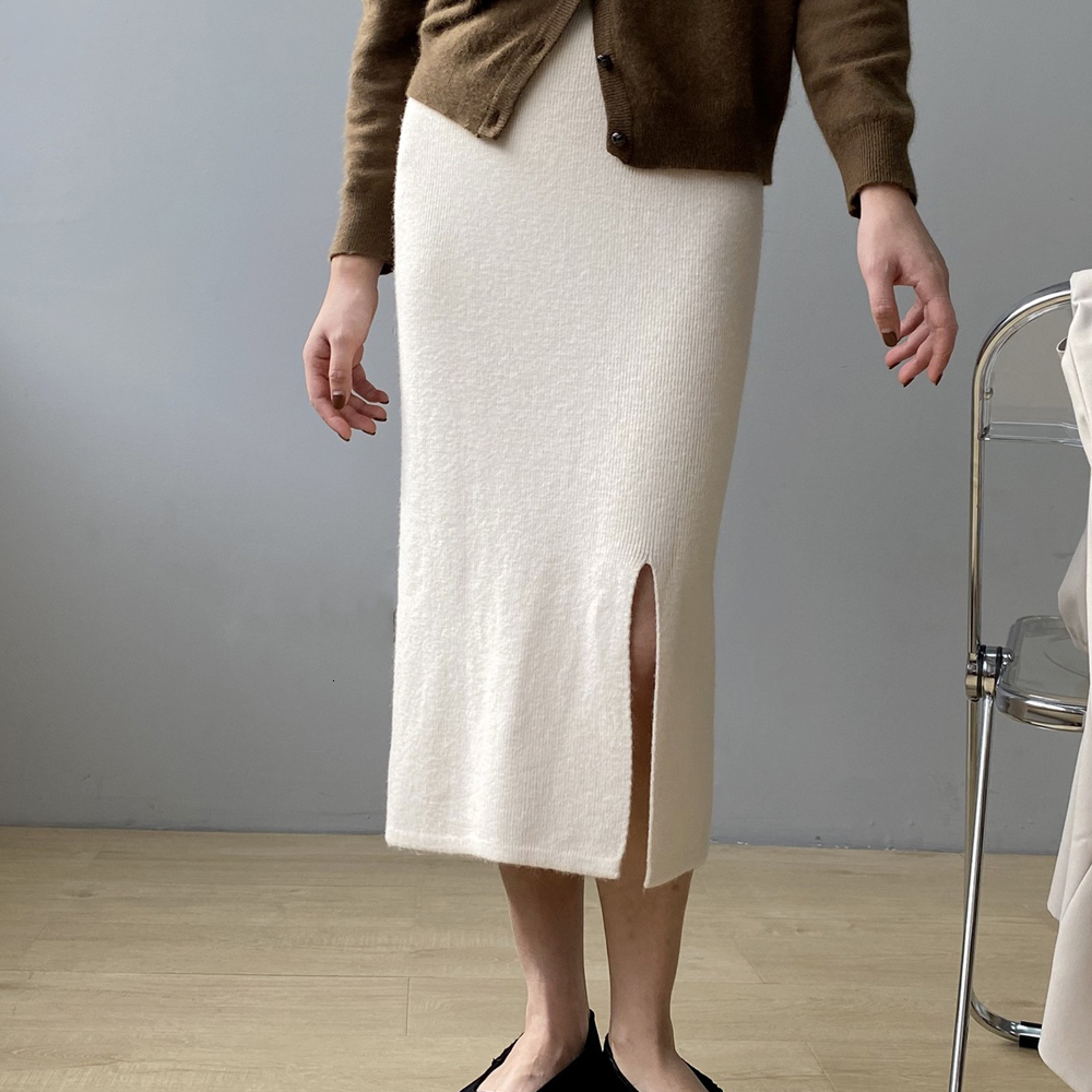 

New 2021 High-waist Women Spring Knitted-out Split Hem Feminine Long Chic Casual Bodycon Skirt Falutin Femme Jupe Nh35, Black