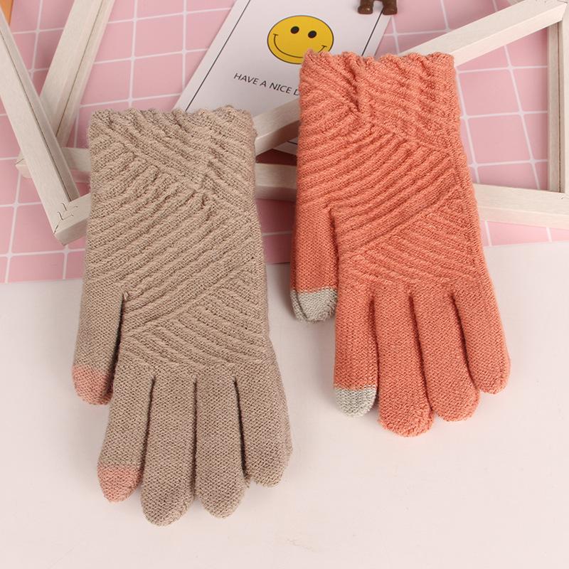 

Solid-color Striped Flower Touch Screen Gloves Wool Lady Knit Warm and Cold-proof Gloves Women Winter Men