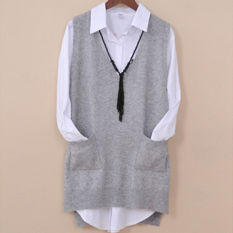 

spring autumn pure wool sweater women vest sweater vest pocket female mid-length vest v-nect collar kimono jacket pullo 201111, Gray