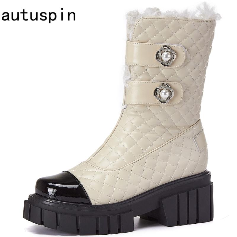 

Autuspin Sweet Fur Warm Snow Boots Women 2021 Winter Outdoor Non-slip Platform Chunky Heels Female Genuine Leather Ankle Booties, Black