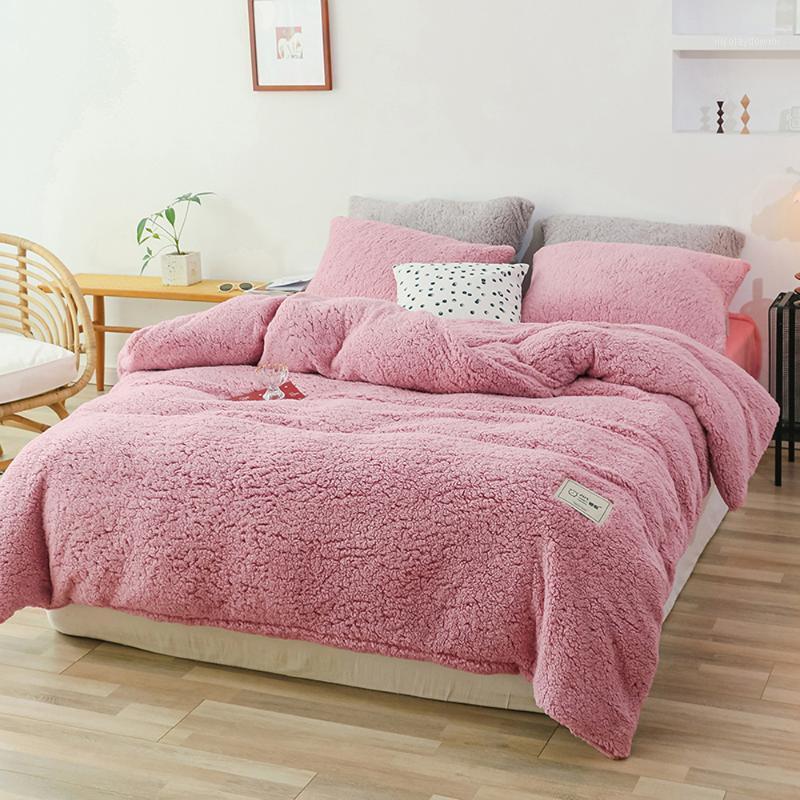 

Home Textiles Quilt Cover 1pcs Pillow Case 2pcs Winter bedding set soft warm lamb cashmere duvet cover solid fleece bed1, As pic