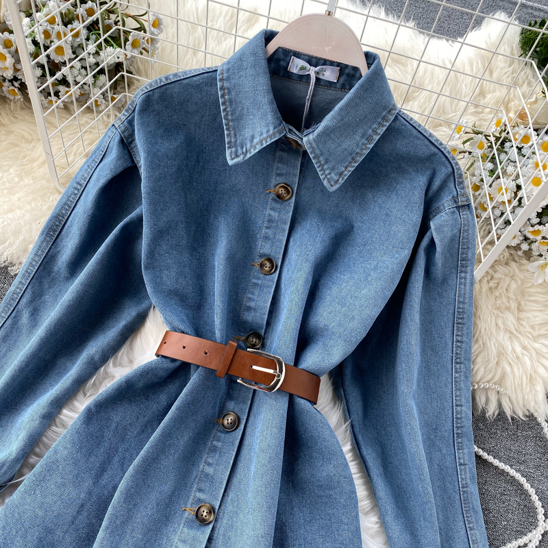 

New Spring Vintage Female Autumn Denim Dresses Ladys Collar Medium Sleeve Long Casual Dress Dexb, Blue
