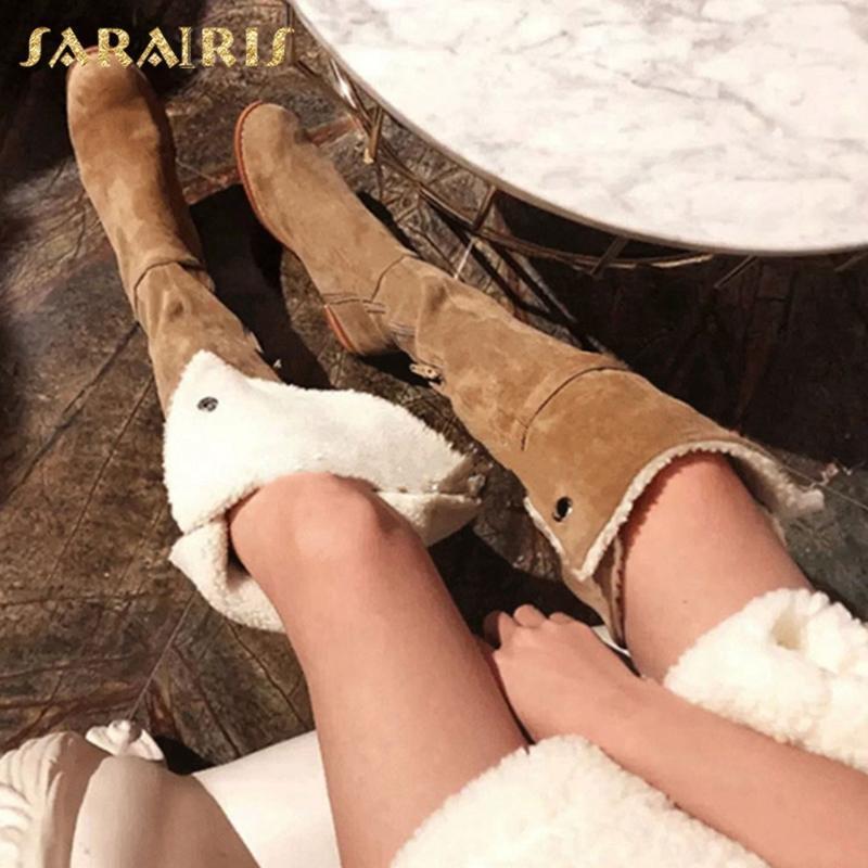 

Sarairis 2020 New Arrivals Kid Suede Luxury Boots Woman Shoes Warm Plush Concise Elegant Trendy Fashion Buckle Thigh High Boots1, Black