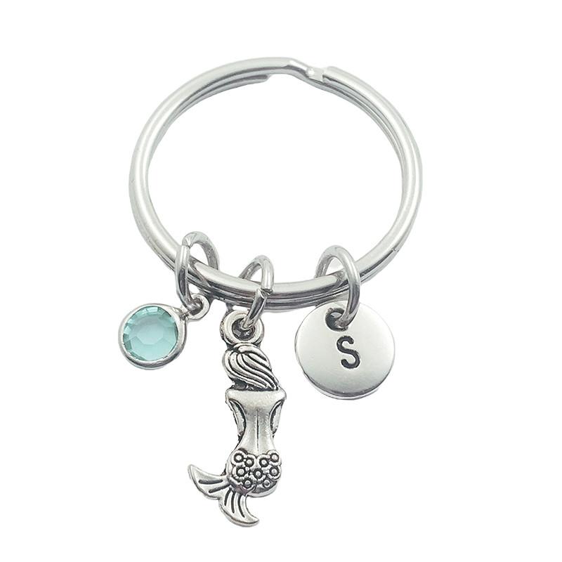 

Mermaid Baby Initial Letter Birthstone Keychains Keyring Creative Fashion Jewelry Women Gifts Accessories Pendant