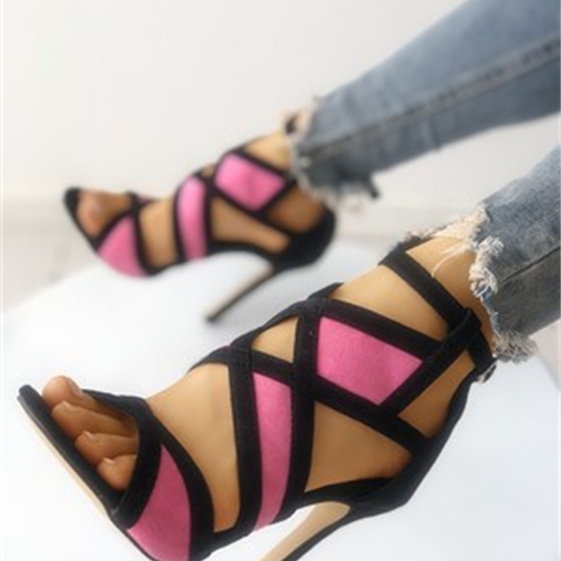 

Sale-Ladies Mix Color Hot Thin Party Ankle Strap Gladiator Women Sexy Sweet Hollow Summer High Heels Sandals Shoes RV9S, Red