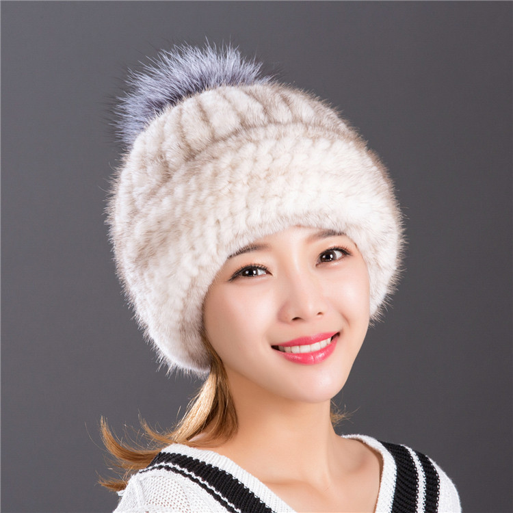 

Natural New Mink of the Ladies Hot Winter Knitted Hat Fox Ball Earmuffs Fur Cap Women 9jos, Photo color