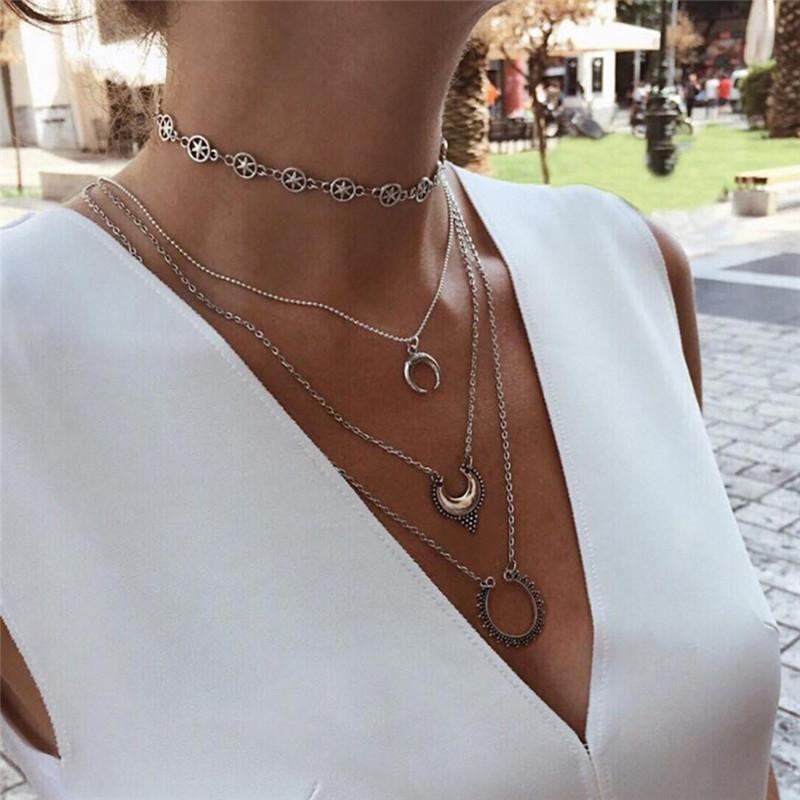 

Women Multilayer Necklace Women Round Coin&Half Moon Pendant Necklace For Metal Color Sequins Jewelry