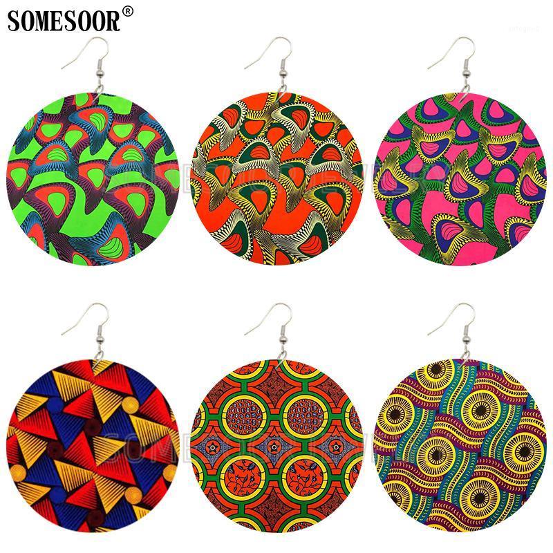 

Dangle & Chandelier SOMESOOR African Style Ethnic Textile Print Fabric Pattern Wooden Both Sides Printing Round Drop Earrings For Women Gift